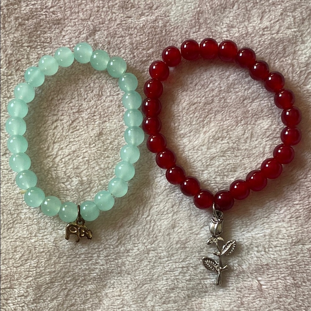 Mint Green Beaded Bracelet + Elephant Charm & Red Beaded Bracelet + Rose Charm